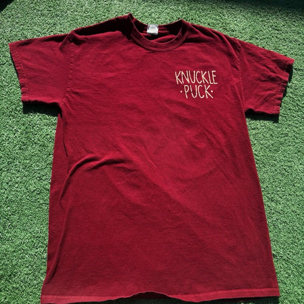 Vintage Style Knuckle Puck T Shirt Red Graphic Back Print Faded Indie Punk SMALL